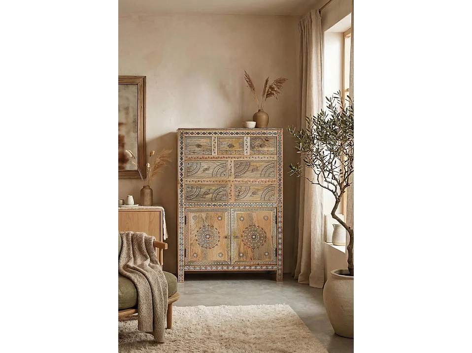 Commode en bois de manguier 80 cm, style ethnique artisanal - 122 x 80 x 40