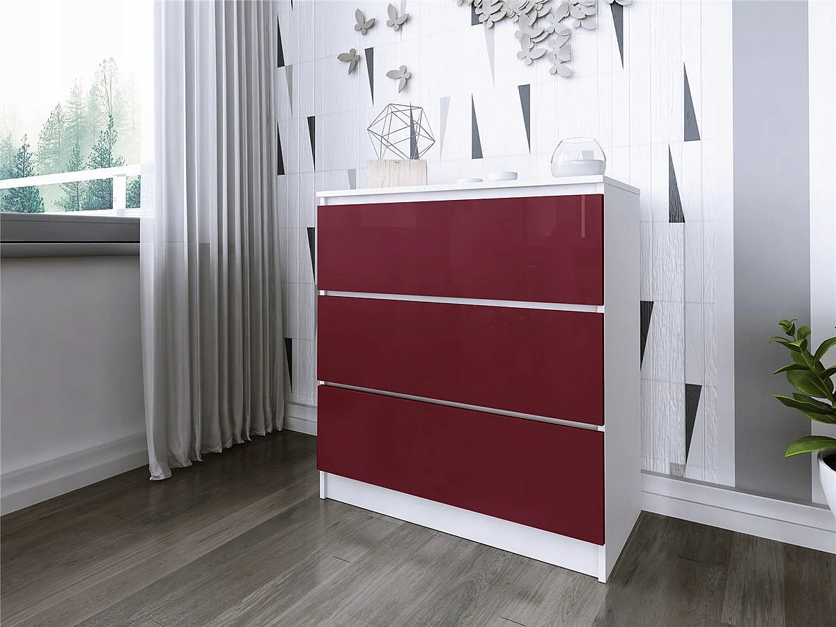 Komoda 3 Szuflady Zoe Biała Bordo Połysk Do Sypialni 77 x 80 x 40 cm MDF