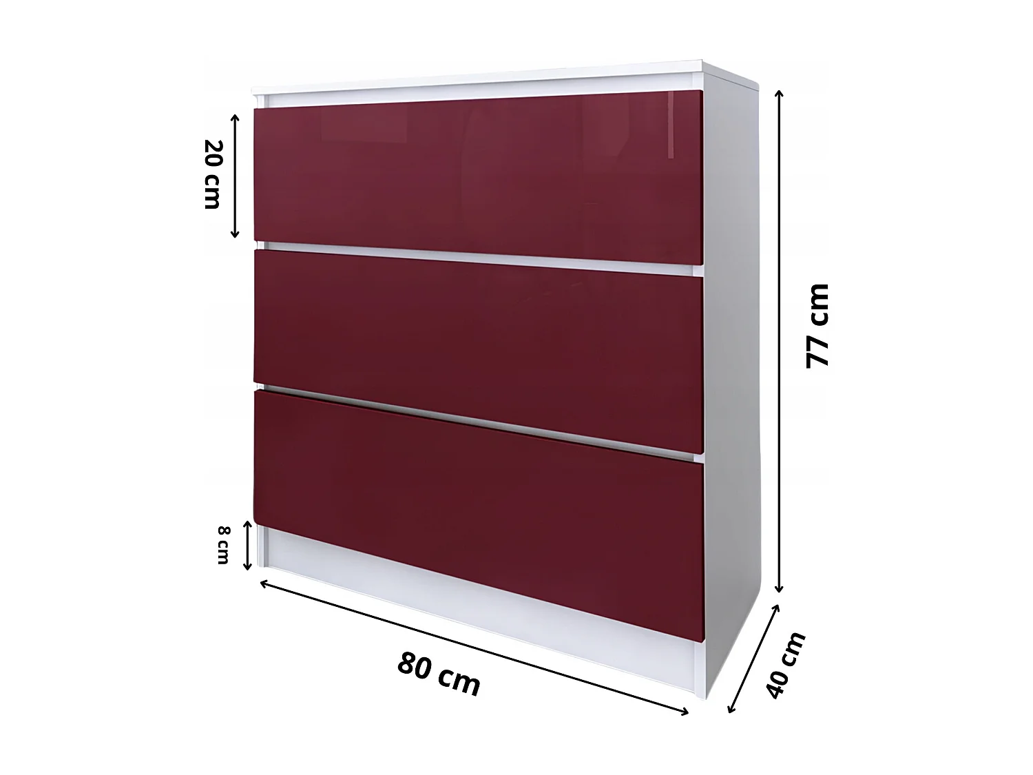Komoda 3 Szuflady Zoe Biała Bordo Połysk Do Sypialni 77 x 80 x 40 cm MDF