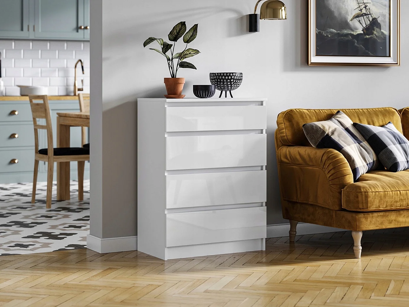Szafka Komoda Pari 4 Biały Połysk 4 Szuflady Salon Sypialnia 70 x 40 x 97