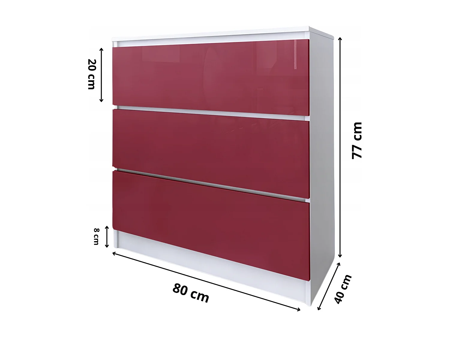 Komoda 3 Szuflady Zoe Biała Czerwony Połysk Do Sypialni 77 x 80 x 40 cm MDF