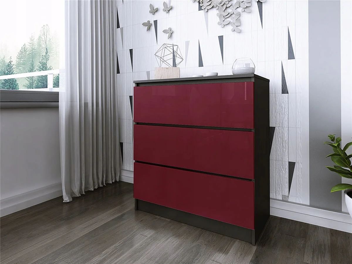 Komoda 3 Szuflady Zoe Czarna Bordo Połysk Do Sypialni 77 x 80 x 40 cm MDF