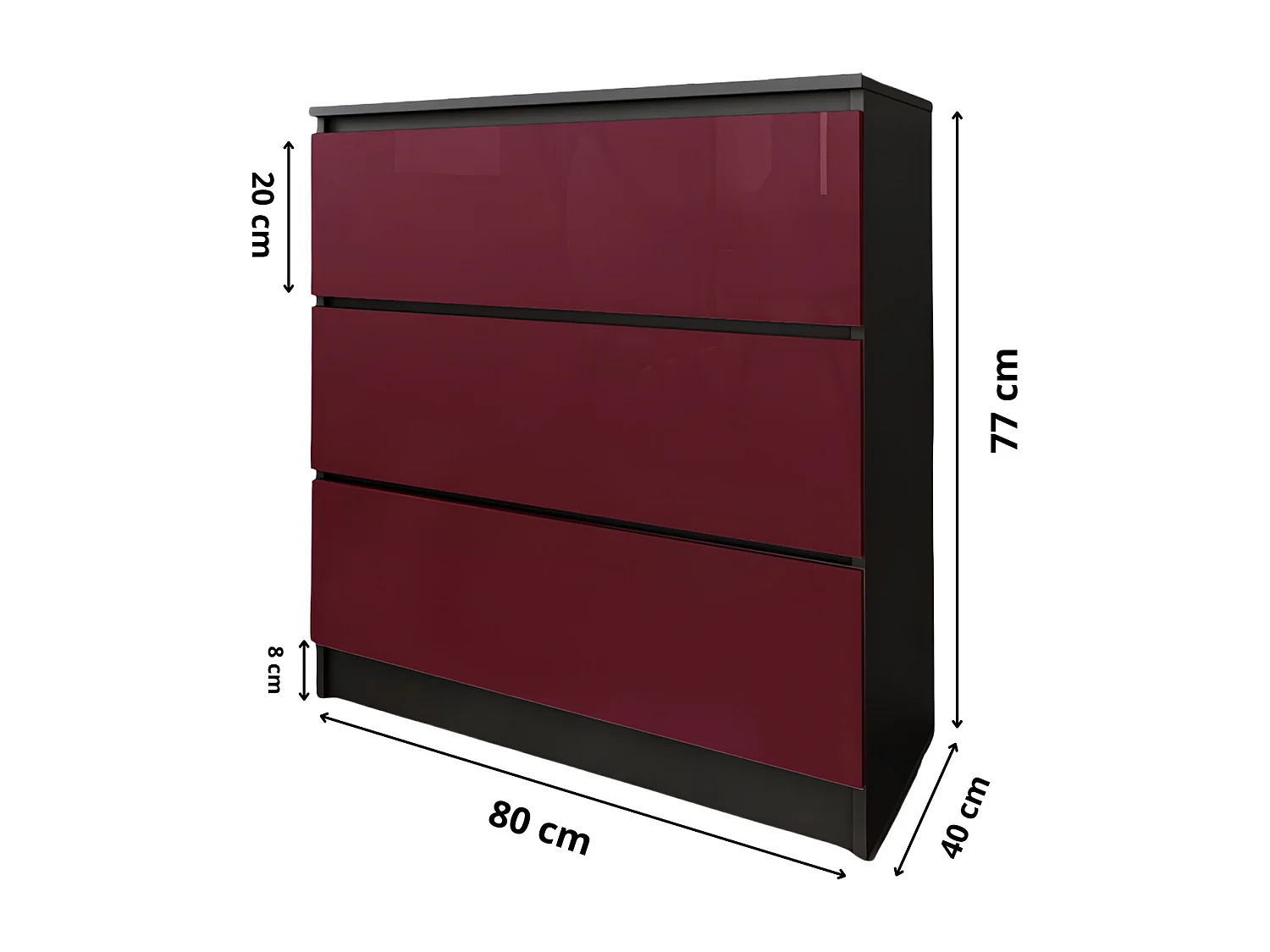 Komoda 3 Szuflady Zoe Czarna Bordo Połysk Do Sypialni 77 x 80 x 40 cm MDF