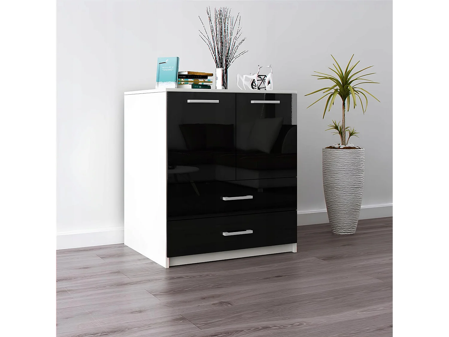 Komoda Z Szufladami Amari Czarny Połysk Szafka Drzwi 95 x 80 x 45 cm