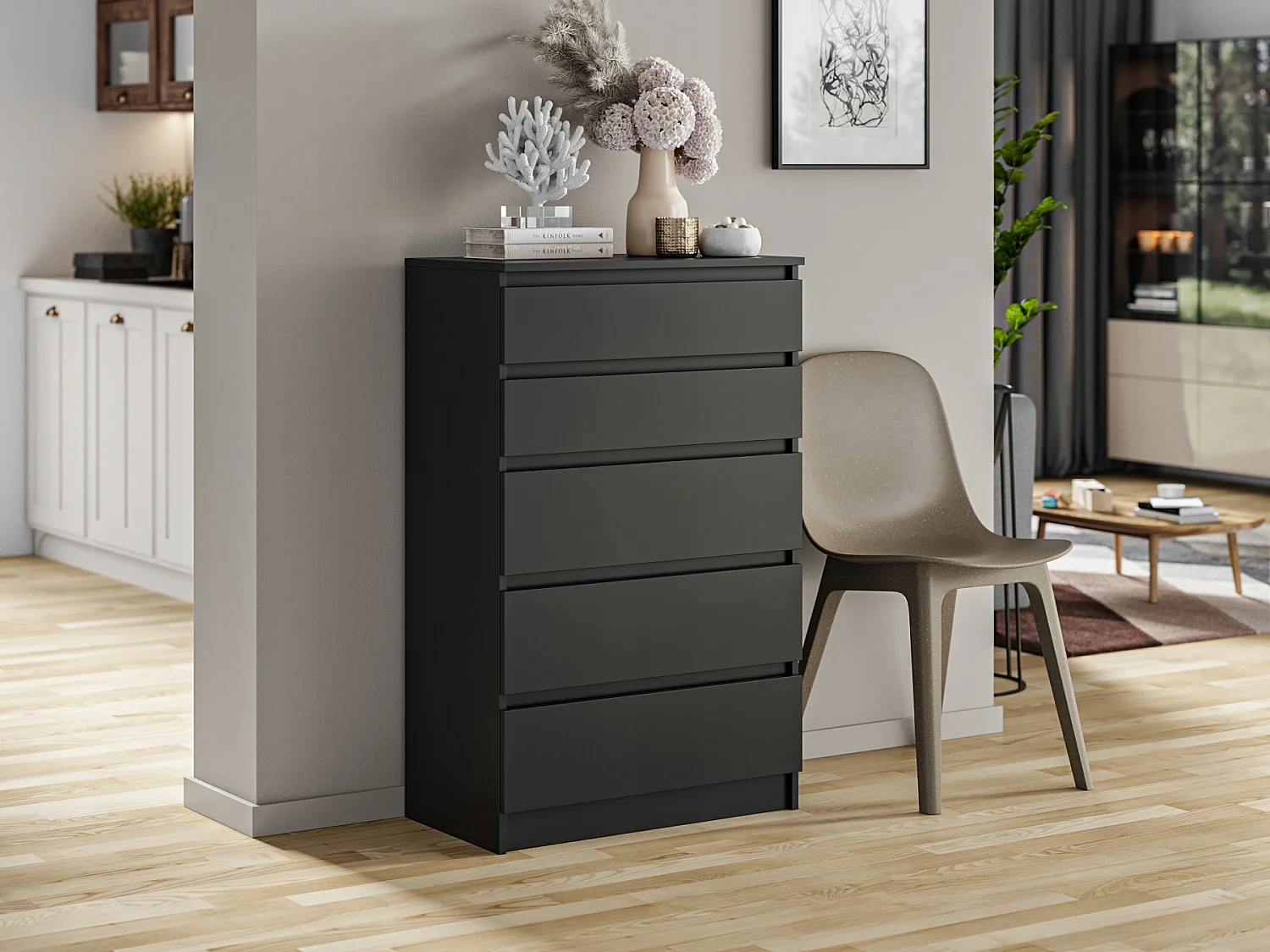 Szafka Komoda Pojemna Pari 5 Czarny Mat 5 Szuflad Czarna 70 x 40 x 112 CM