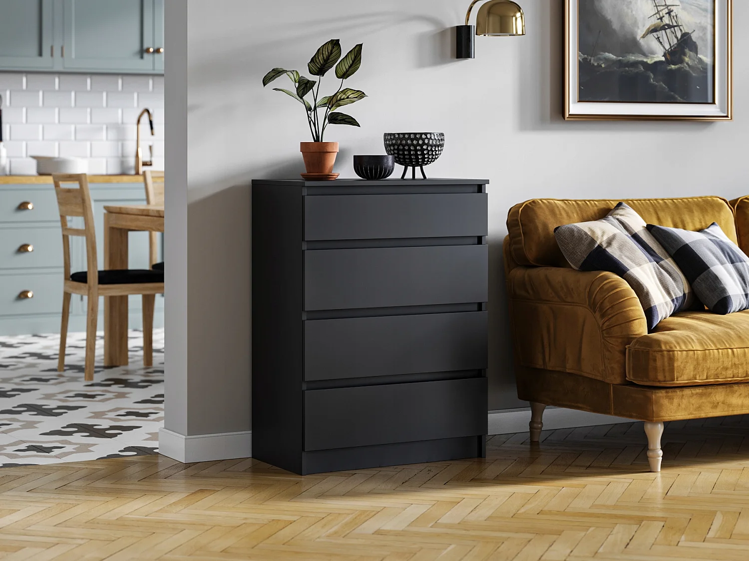 Szafka Komoda Pari 4 Czarny Mat 4 Szuflady Do Salonu Sypialni 70 x 40 x 97