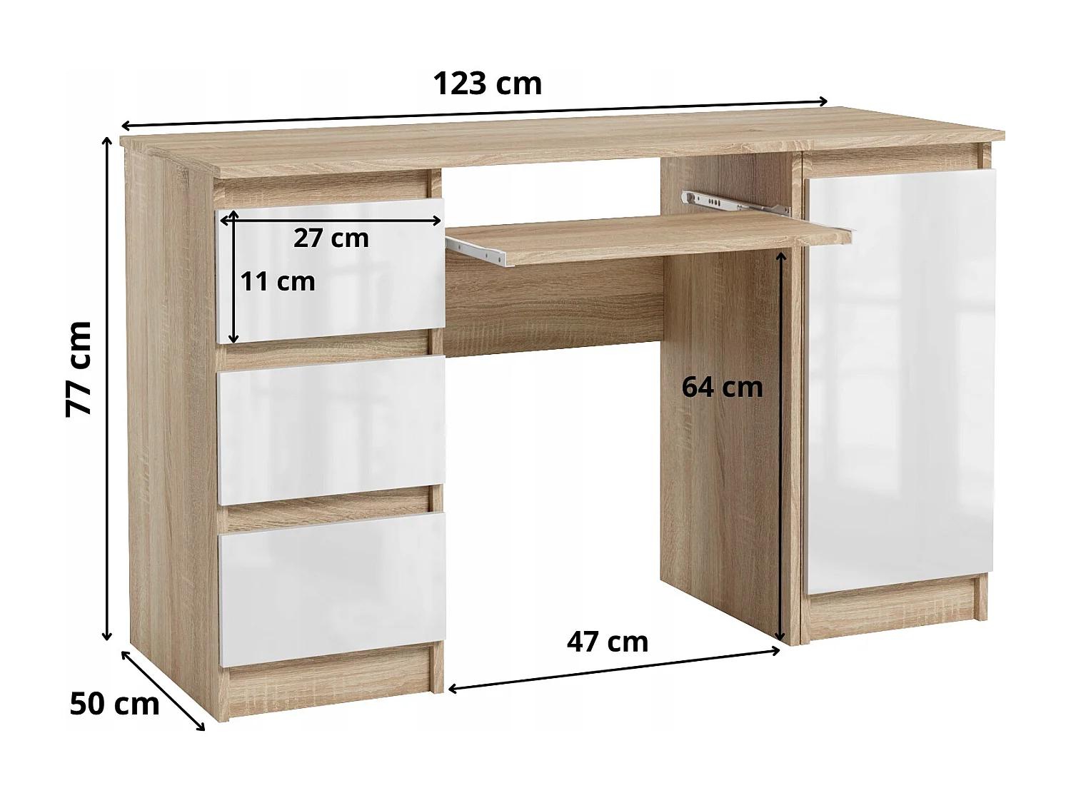 Biurko Komputerowe Szkolne Szuflady 123 cm Sonoma Biały Połysk Z Półkami