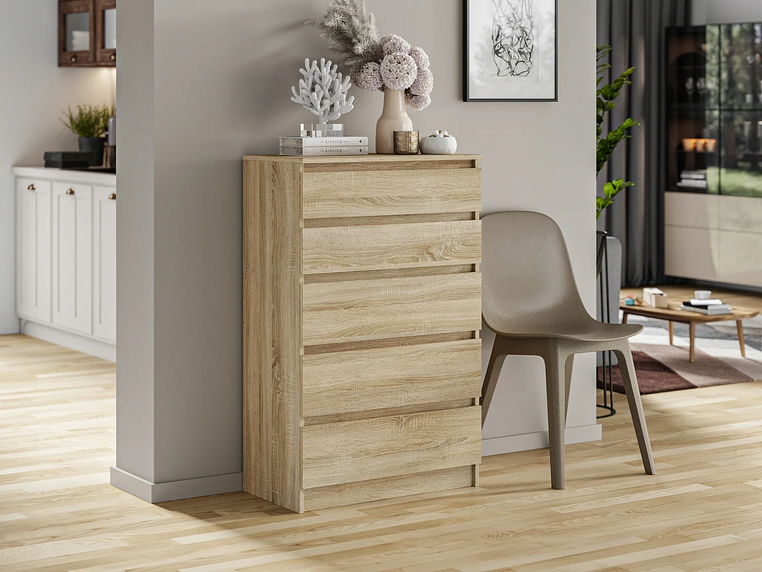 Stylowa Komoda 5 Szuflad Dąb Sonoma Pari 5 Do Biura Salonu 70 x 40 x 112 cm