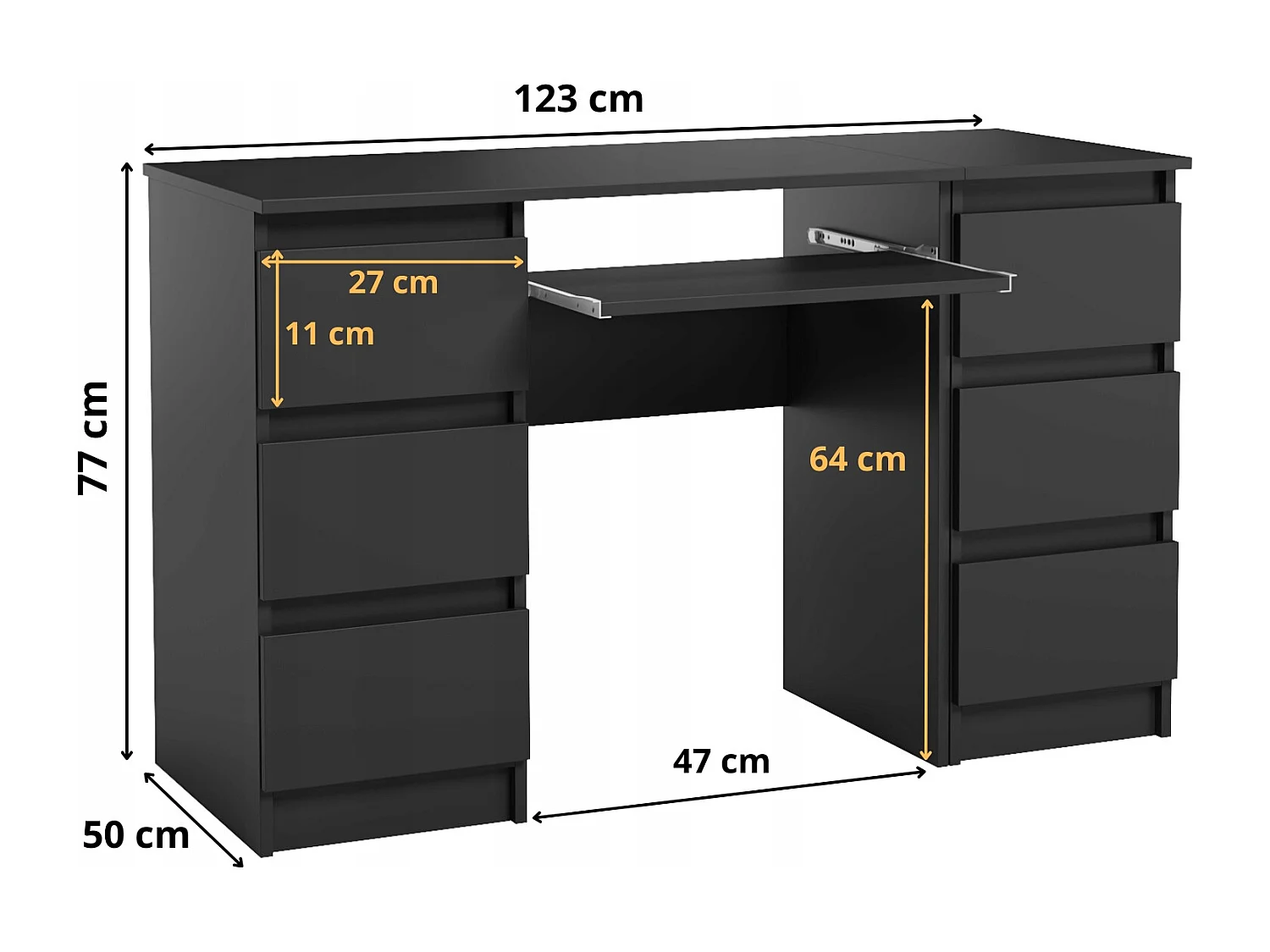 Biurko Komputerowe Szkolne Szuflady 123 cm Czarne Mat Duże Do Biura Półka