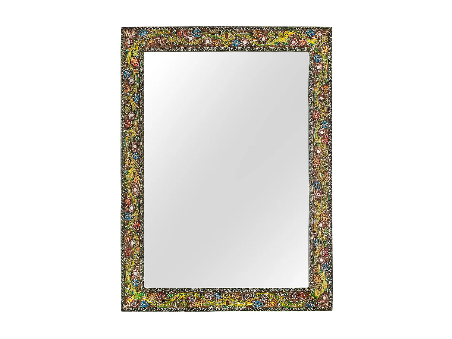 Miroir rectangulaire avec cadre en bois de manguier à motif floral
