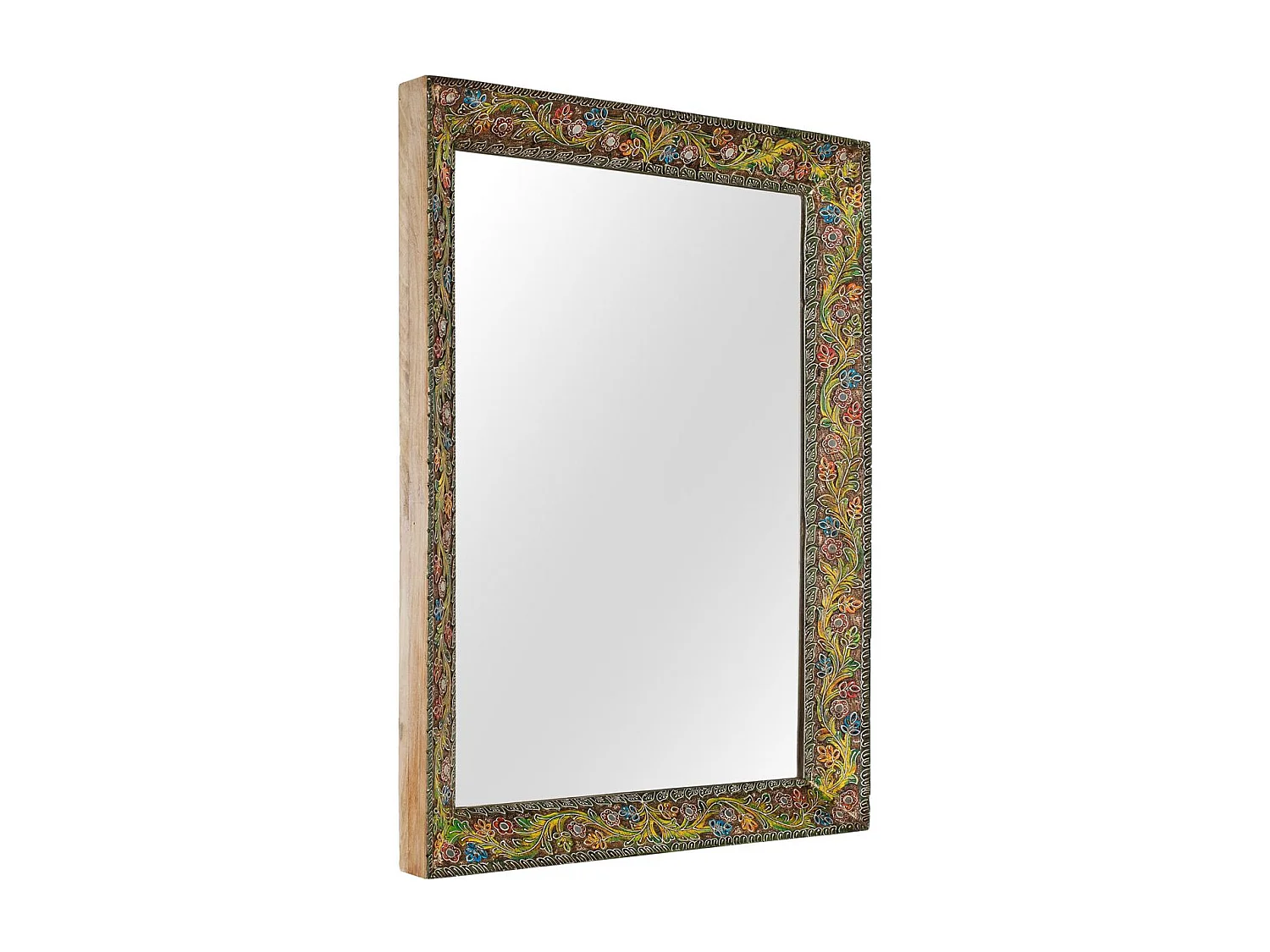 Miroir rectangulaire avec cadre en bois de manguier à motif floral