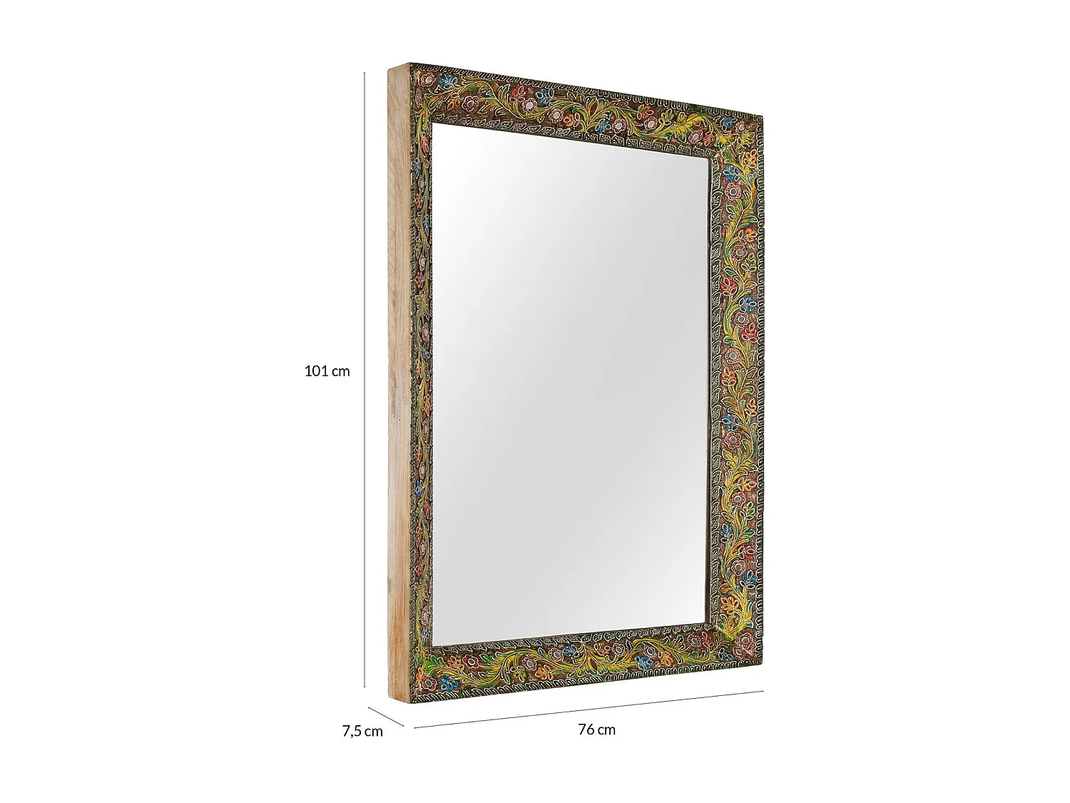 Miroir rectangulaire avec cadre en bois de manguier à motif floral