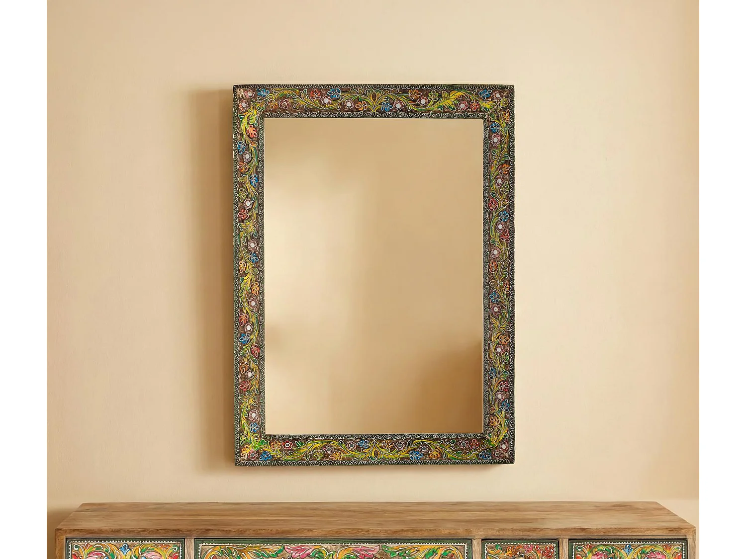 Miroir en bois de manguier, support en MDF, 76 cm, style ethnique - 101 x 76 x 8 cm