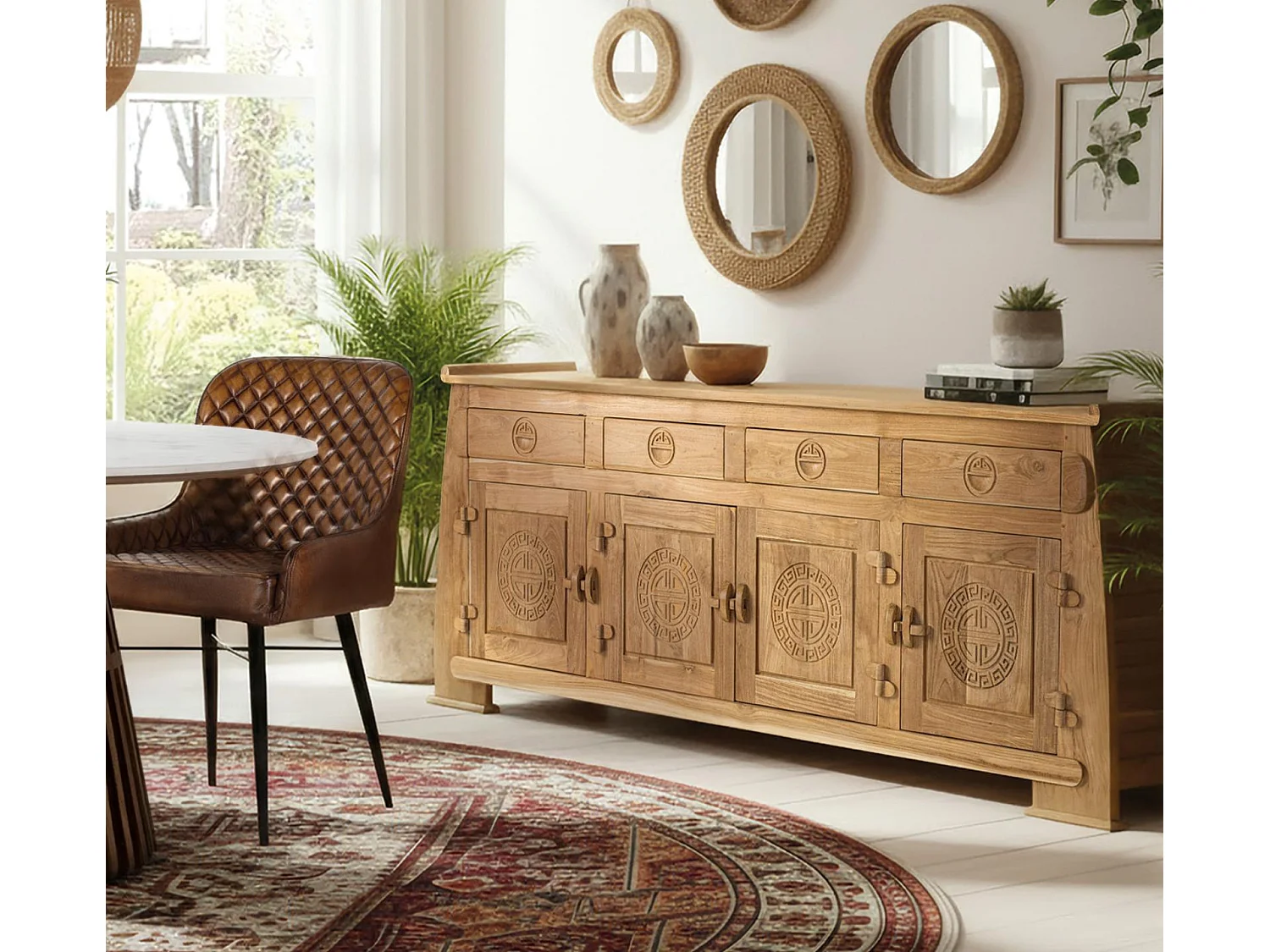 Aparador de Madera de Teca Estilo Colonial Oriental-78x202x38