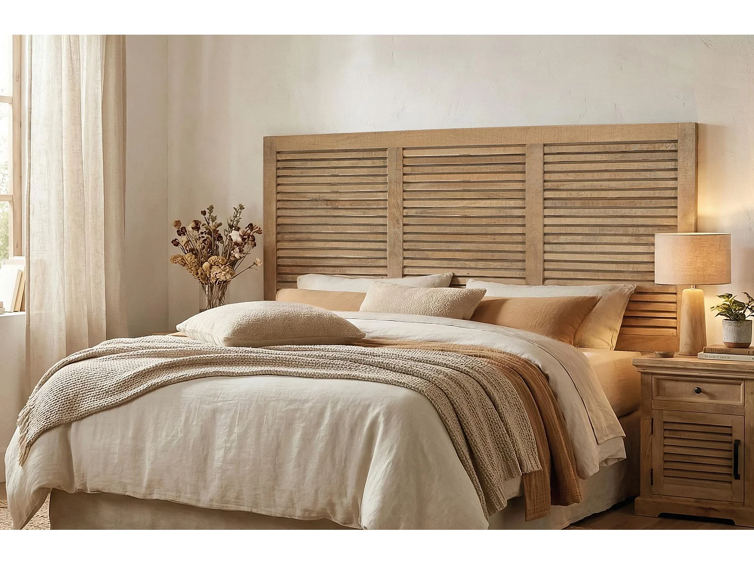 Tête de lit en bois naturel avec design à lattes horizontales 165 cm