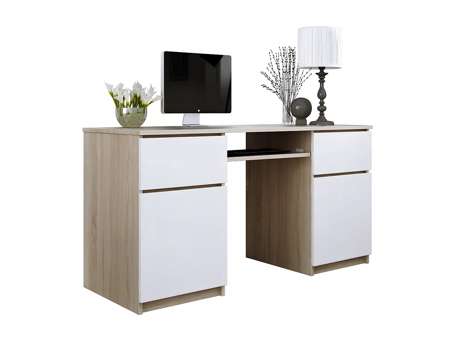 Biurko Komputerowe Narożne 135 x 50 x 77 CM Szuflady Drzwi Sonoma Białe Mat