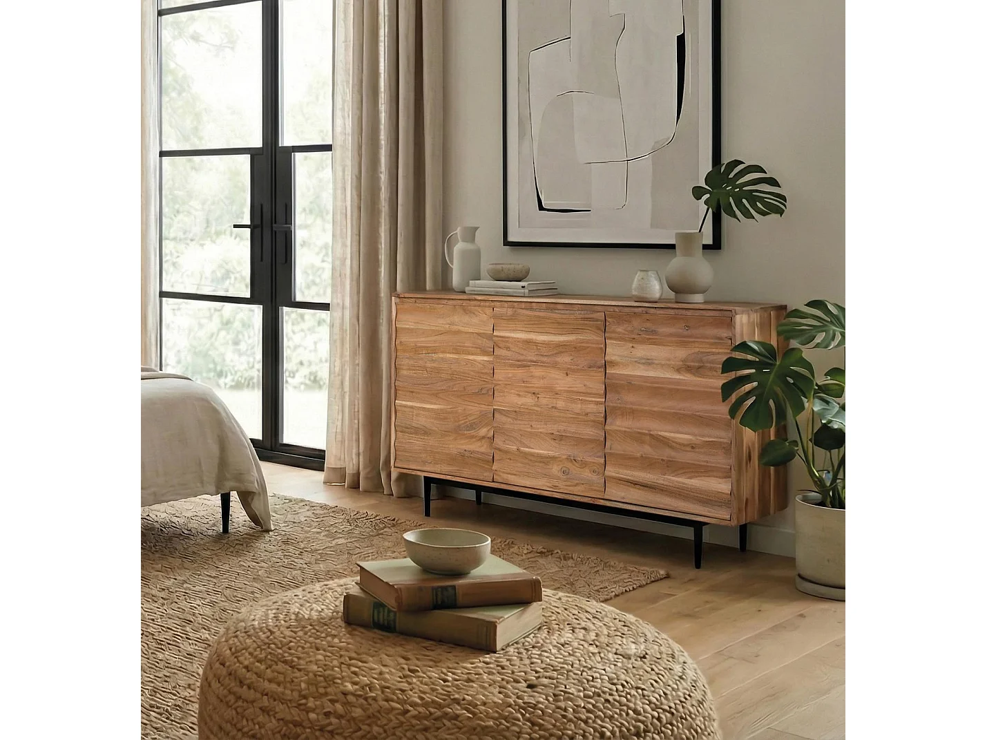 Buffet en bois d'acacia massif avec étagères intérieures