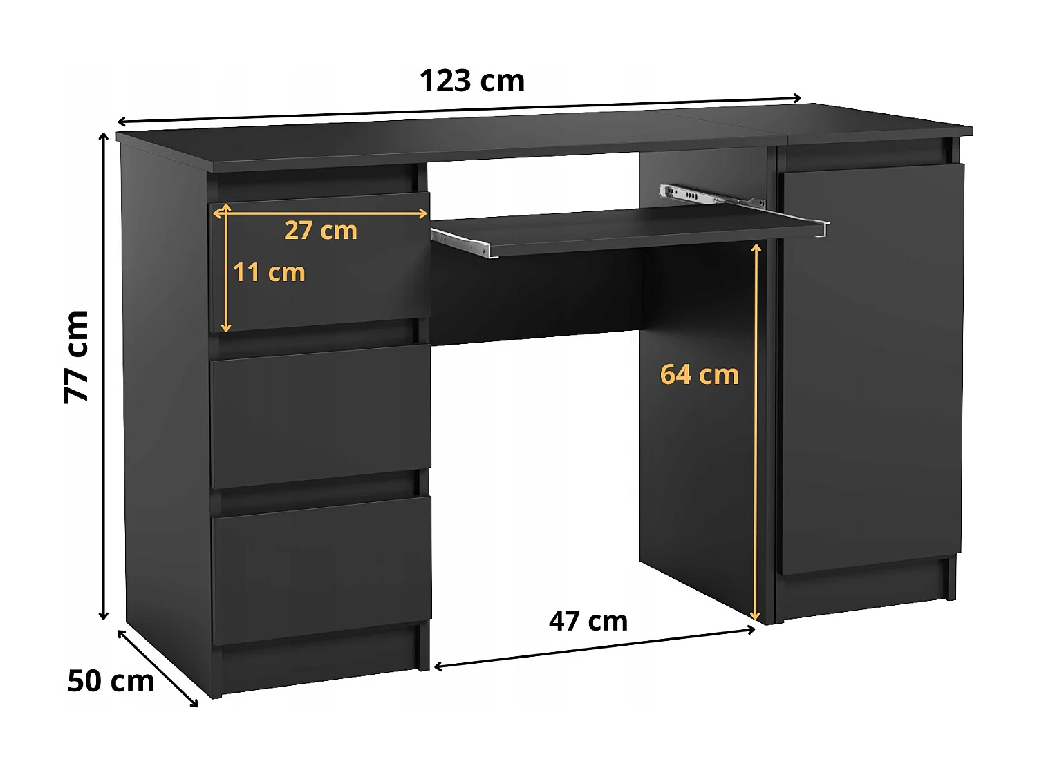 Biurko Komputerowe Szkolne Szuflady Drzwi 123 cm Czarny Mat Z Półkami