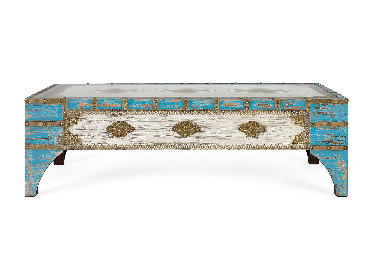 Table basse en bois de manguier bleu et blanc vieilli