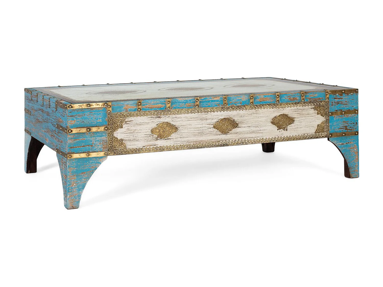 Table basse en bois de manguier bleu et blanc vieilli