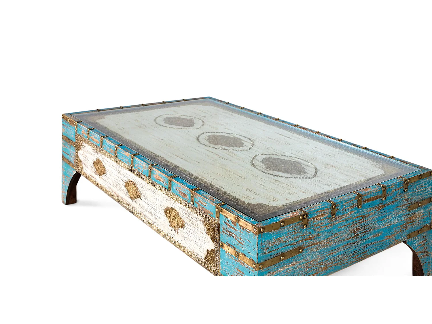 Table basse en bois de manguier bleu et blanc vieilli