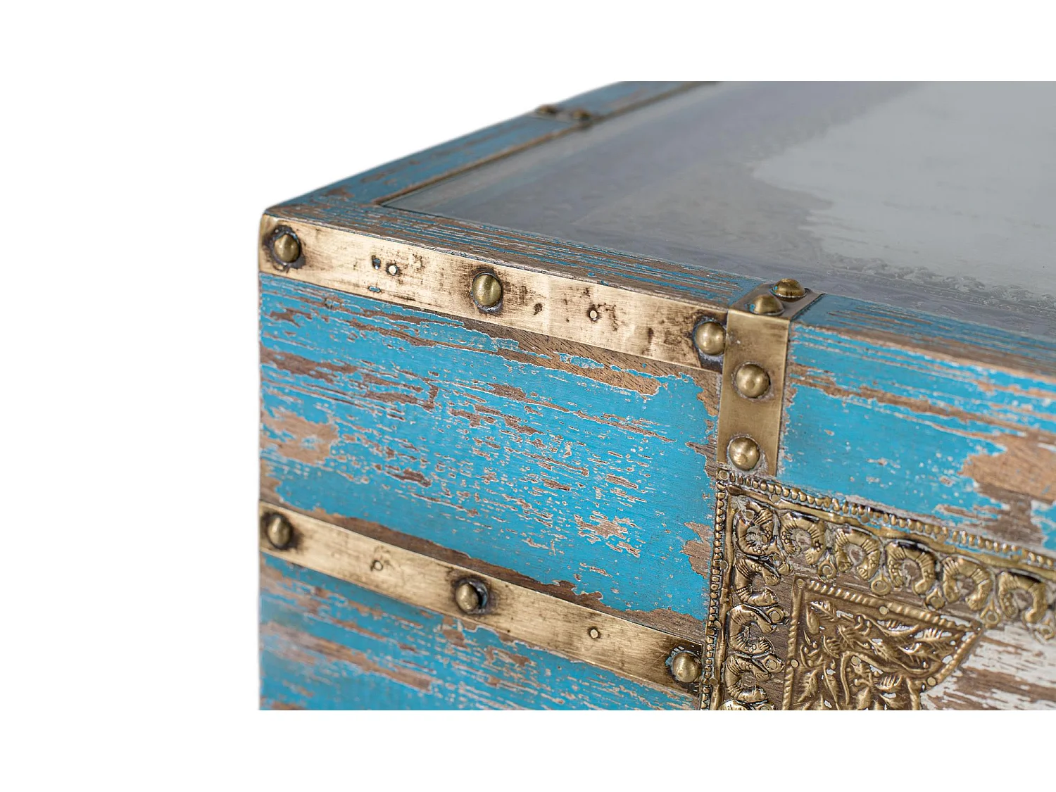 Table basse en bois de manguier bleu et blanc vieilli