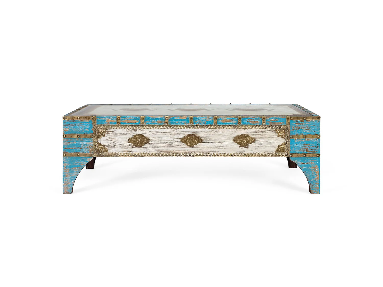 Tables basses en bois de manguier 150 cm, style ethnique vintage - 46 x 150 x 90