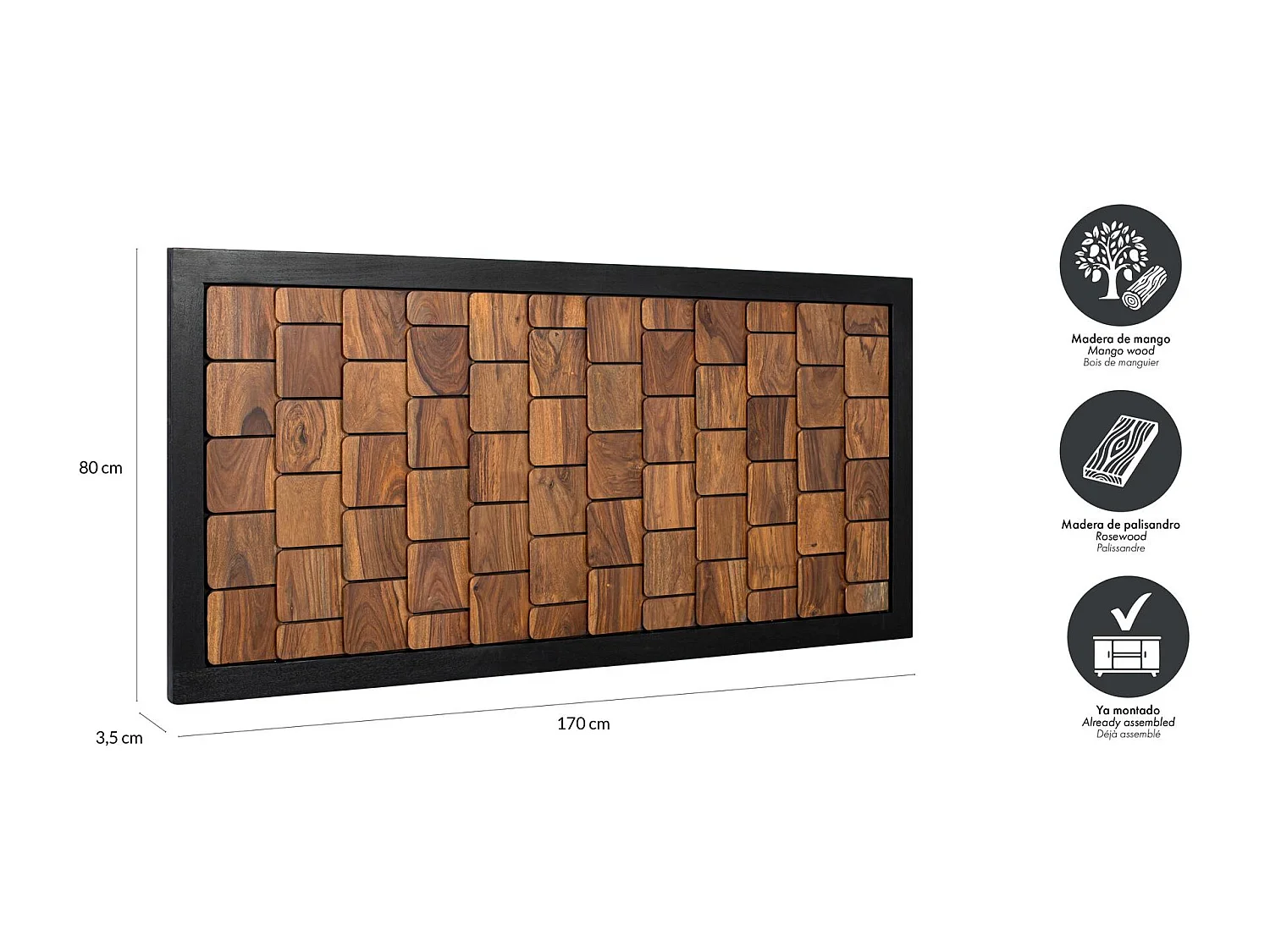 Tête de lit Udaipur en bois de manguier et palissandre, 80 cm x 170 cm x 3,5 cm