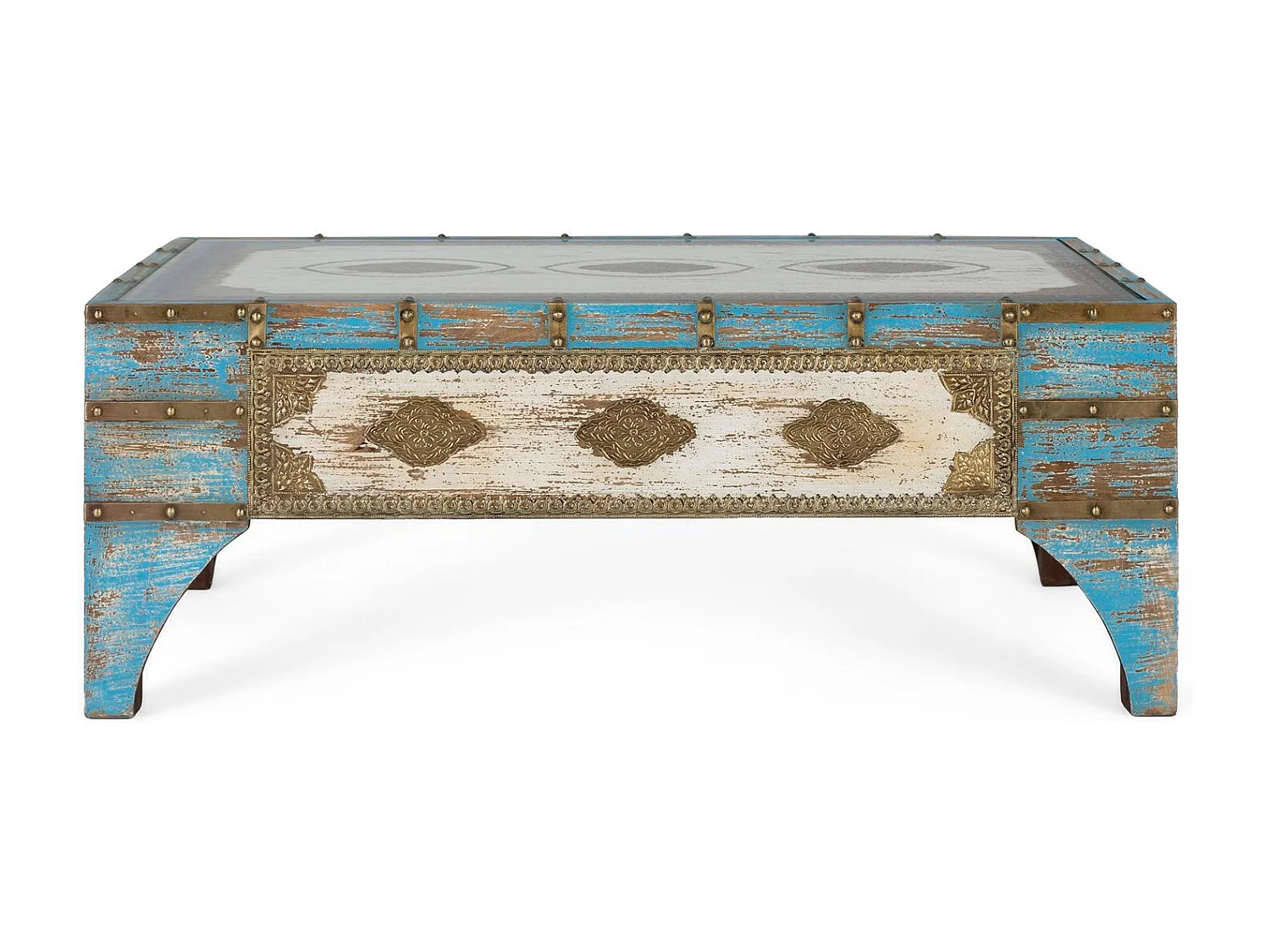 Table basse en bois de manguier couleur bleu et blanc vieilli
