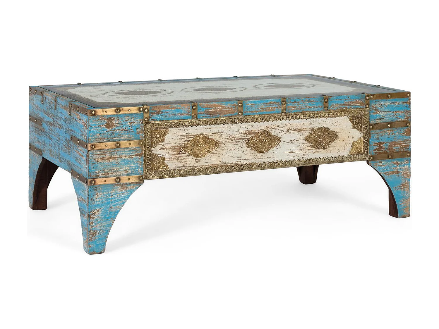 Table basse en bois de manguier couleur bleu et blanc vieilli