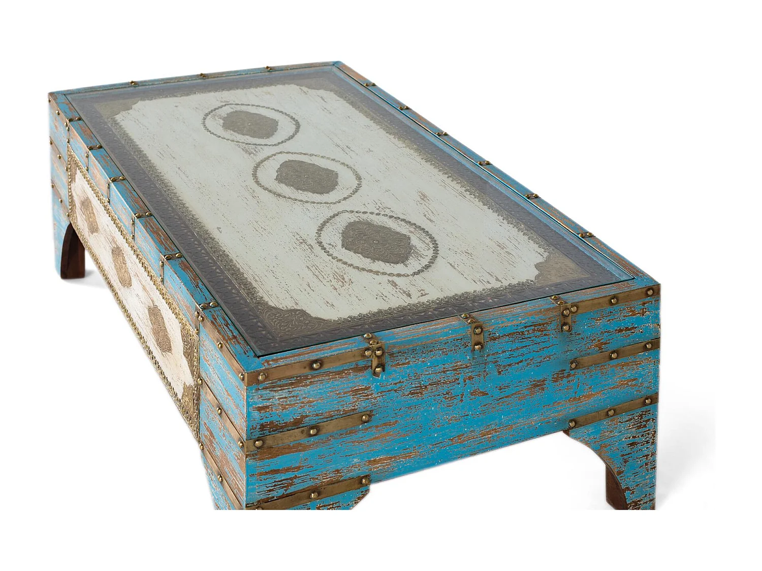Table basse en bois de manguier couleur bleu et blanc vieilli
