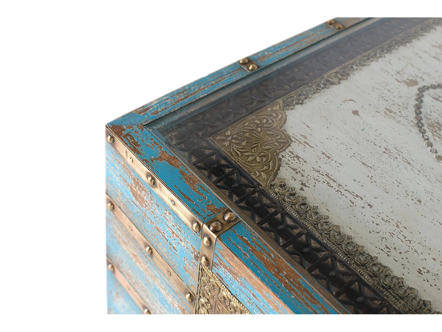 Table basse en bois de manguier couleur bleu et blanc vieilli