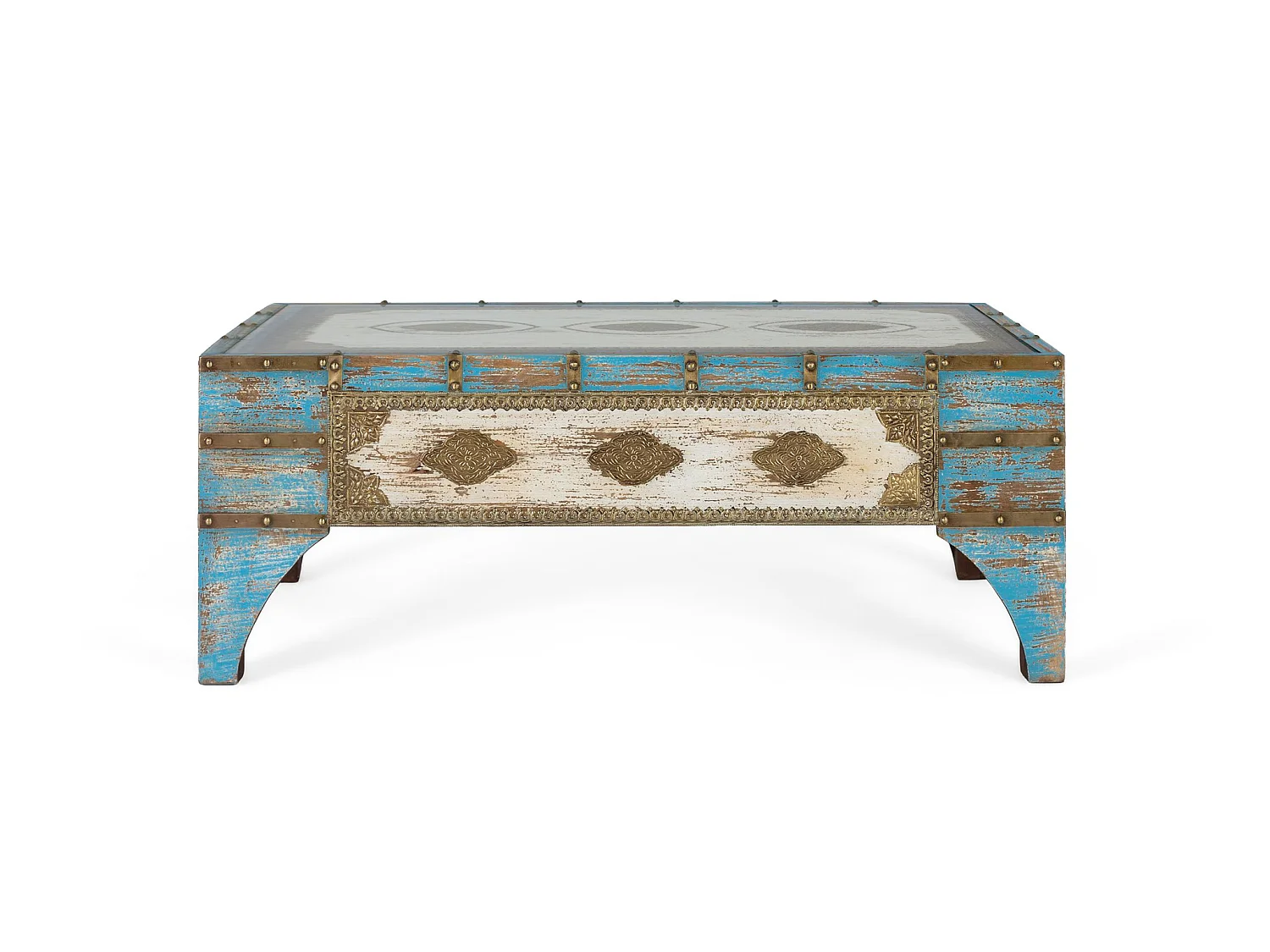 Tables basses en bois de manguier 120 cm, style ethnique vintage - 46 x 120 x 70 cm