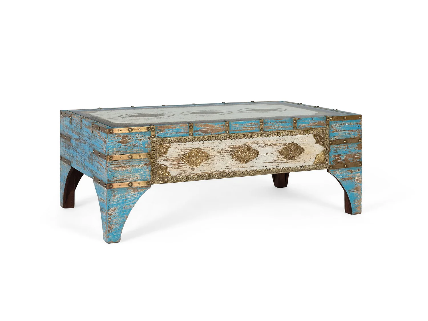 Tables basses en bois de manguier 120 cm, style ethnique vintage - 46 x 120 x 70 cm