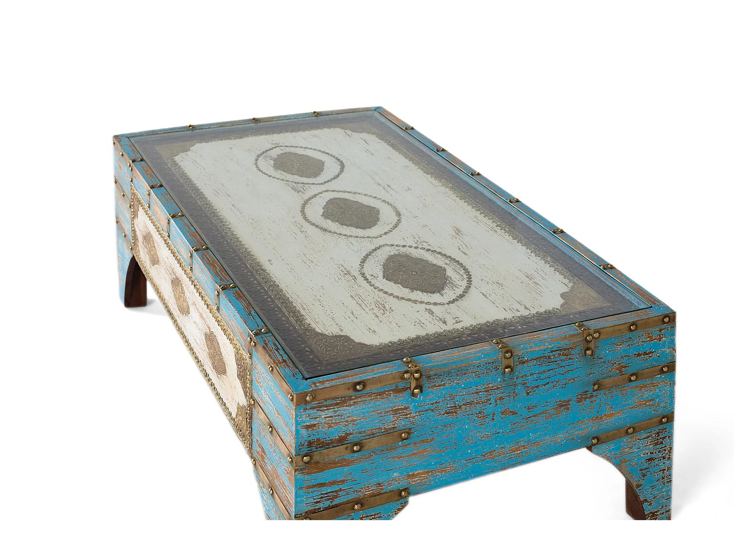 Tables basses en bois de manguier 120 cm, style ethnique vintage - 46 x 120 x 70 cm