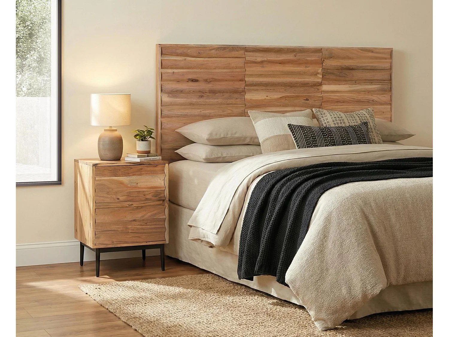 Cabecero de Madera Maciza de Acacia 160 Cm Estilo Rústico Moderno-81x160x5