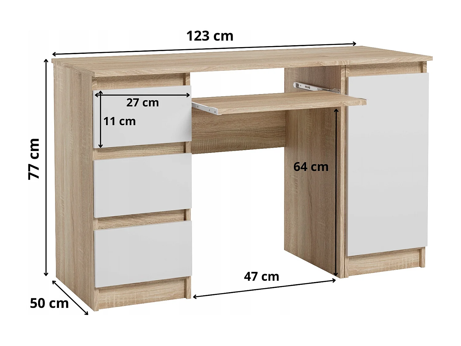 Biurko Komputerowe Szkolne Szuflady Drzwi 123 cm Sonoma Biały Mat Z Półkami