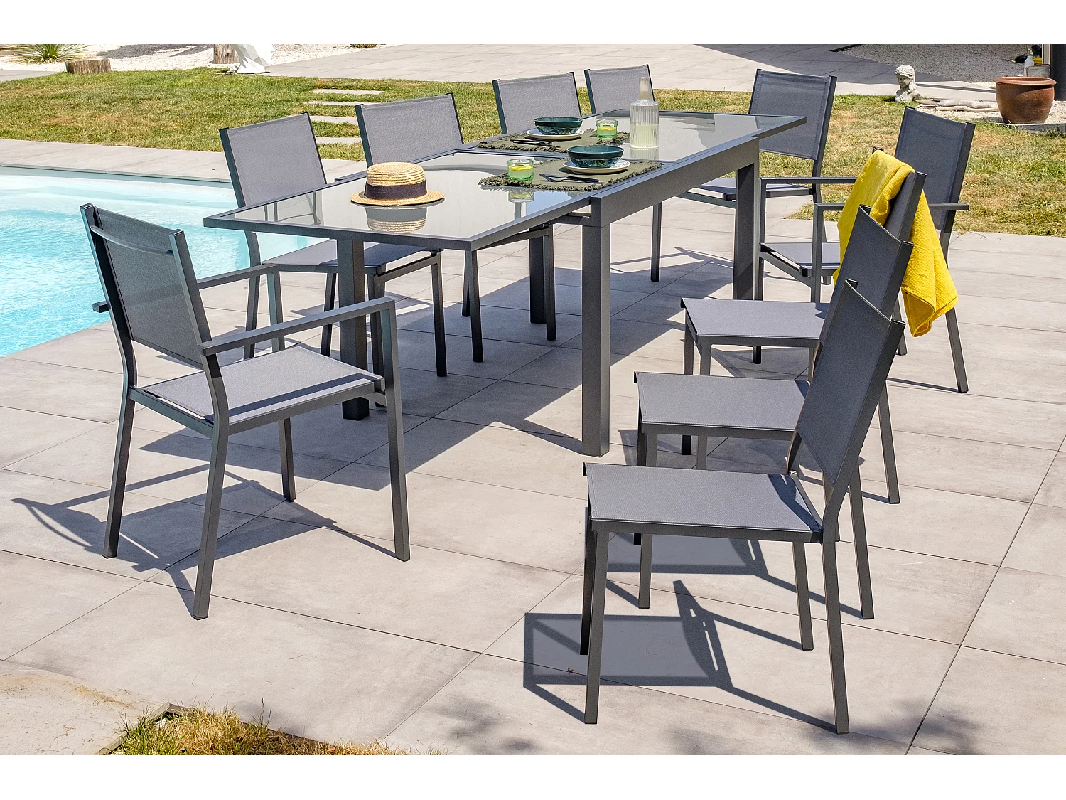 Set da pranzo da giardino 10 posti alluminio e piano vetro