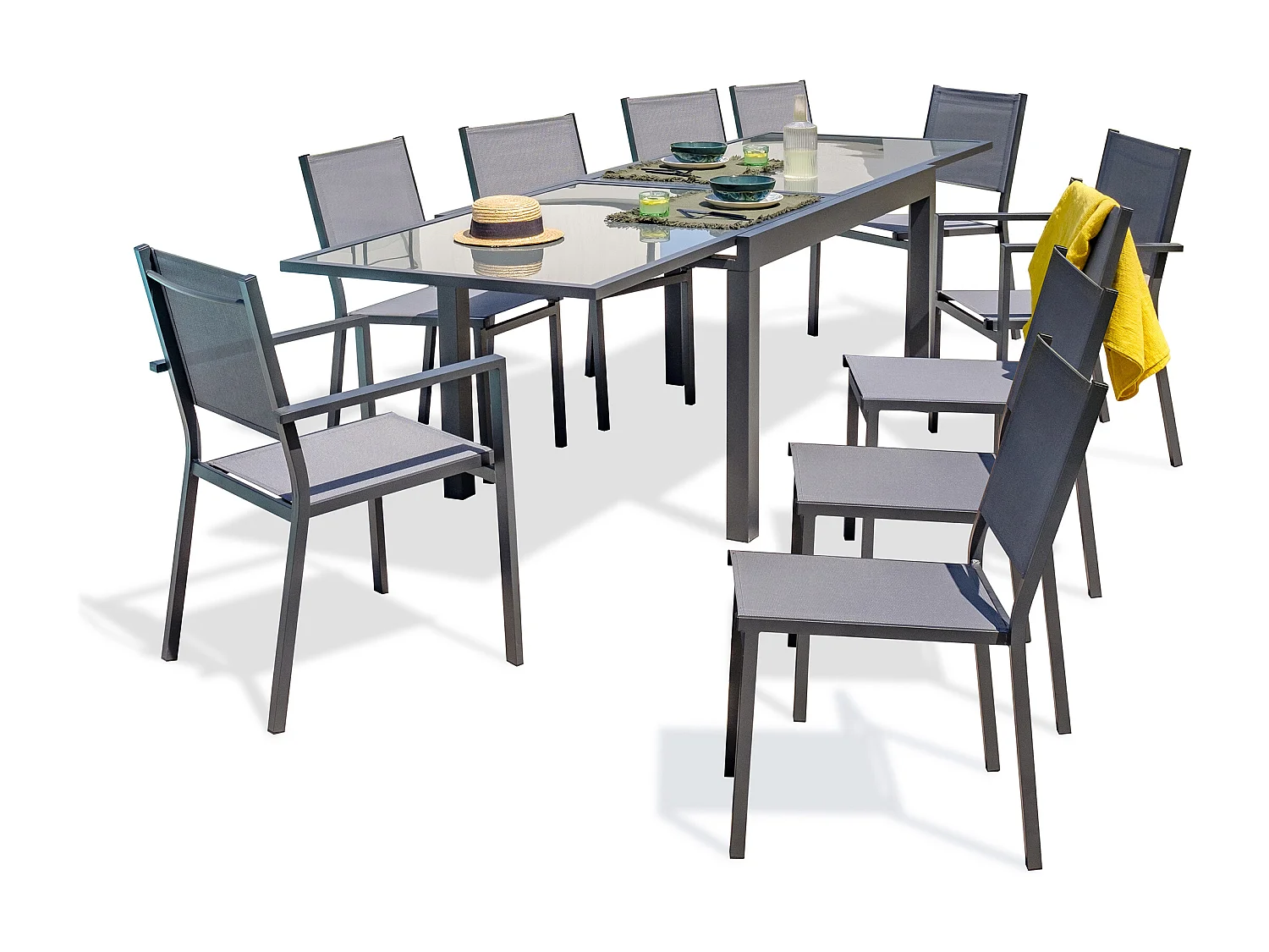Set da pranzo da giardino 10 posti alluminio e piano vetro