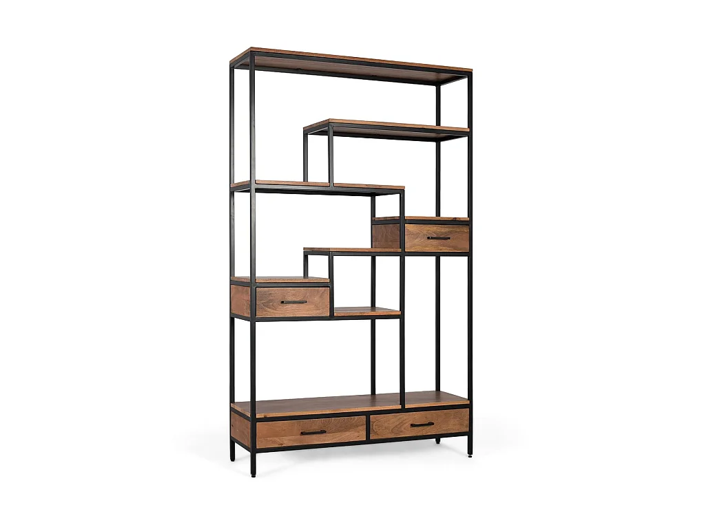 Bibliothèque en bois de manguier 115 cm, style industriel vintage - 182 x 115 x 35