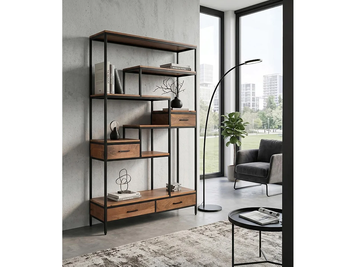 Bibliothèque en bois de manguier 115 cm, style industriel vintage - 182 x 115 x 35