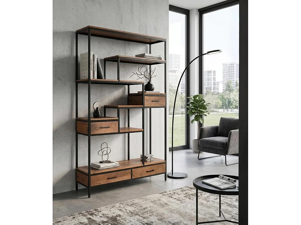 Regał na książki z drewna mango 115 cm w stylu vintage industrialnym - 182x115x35