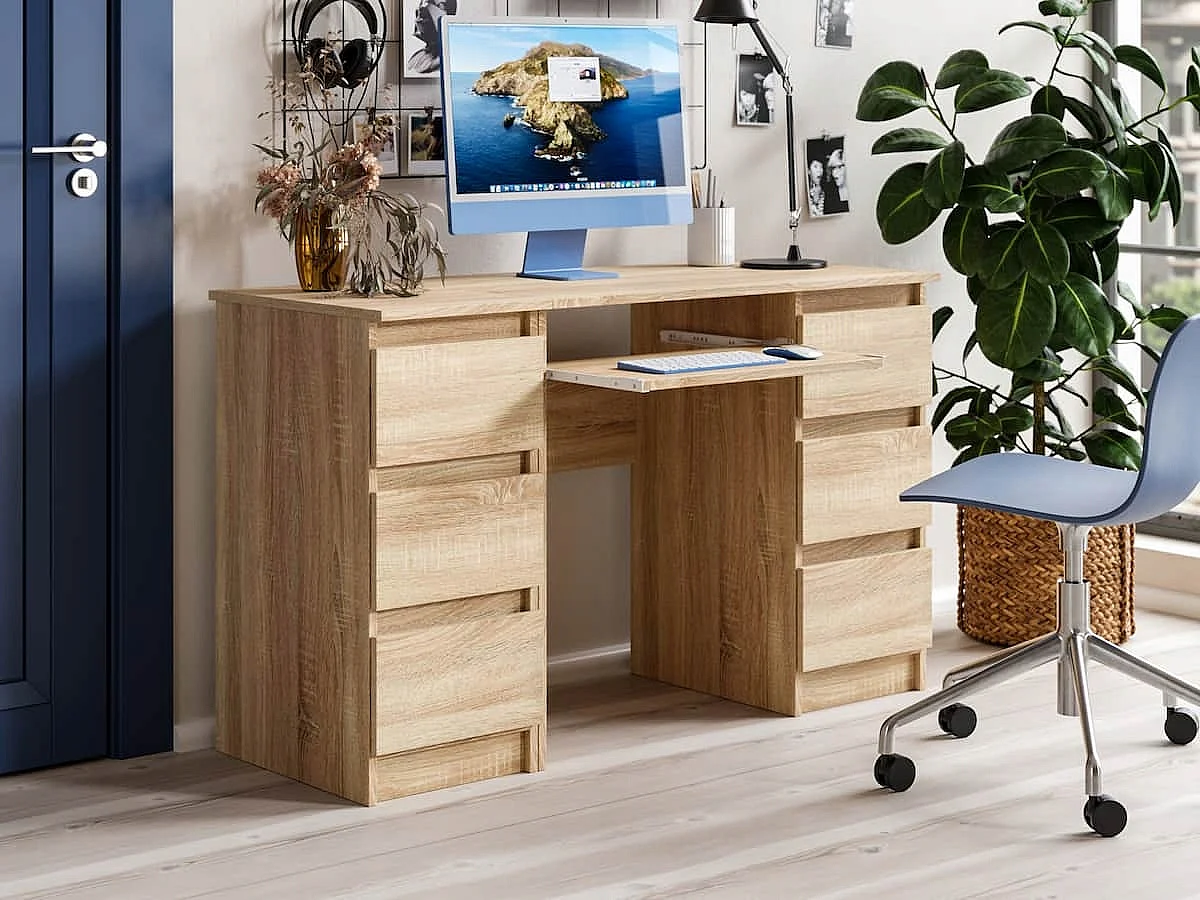 Biurko Komputerowe Szkolne Szuflady 123 cm Dąb Sonoma Duże Do Biura Półka