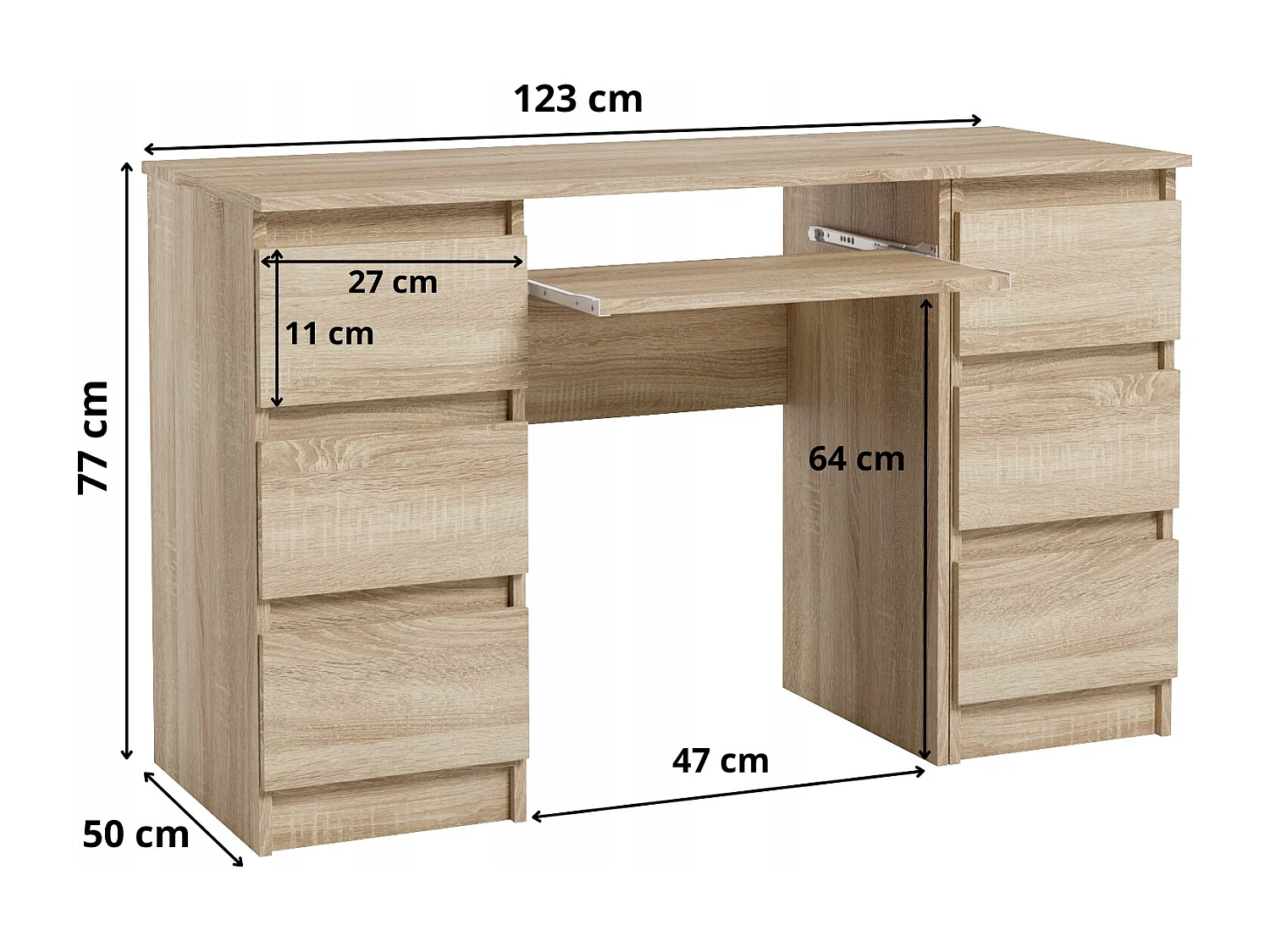 Biurko Komputerowe Szkolne Szuflady 123 cm Dąb Sonoma Duże Do Biura Półka