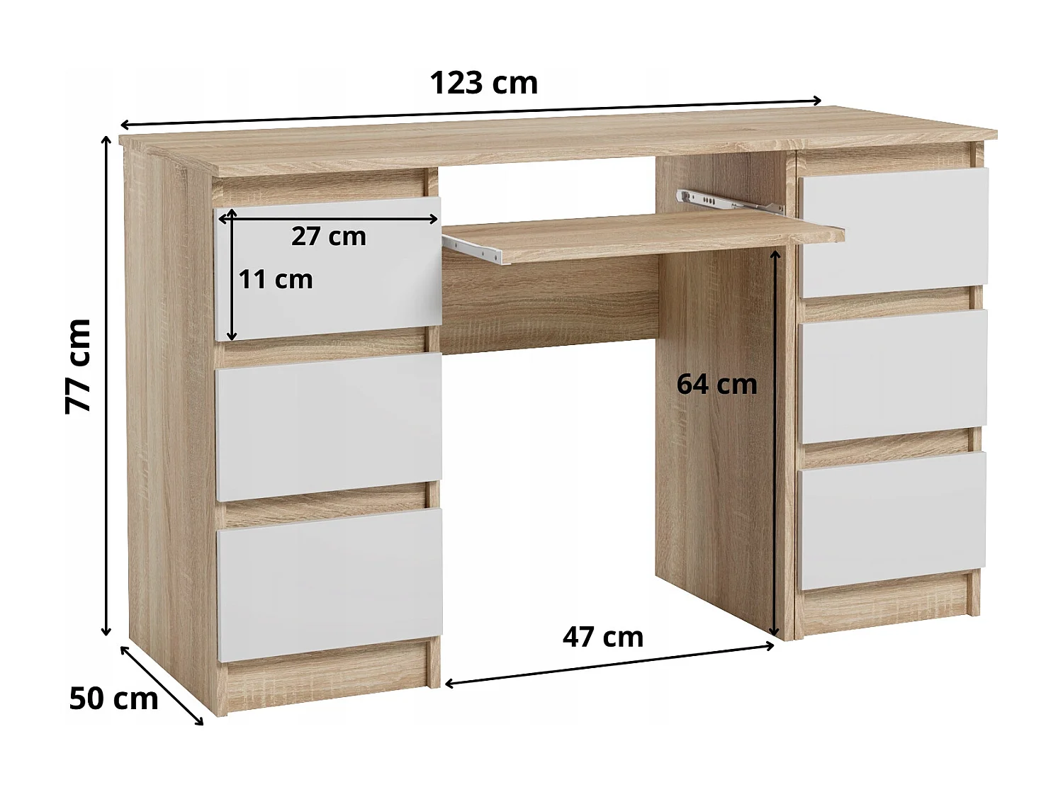 Biurko Komputerowe Szkolne Szuflady 123 cm Dąb Sonoma Biały Mat Duże Półka