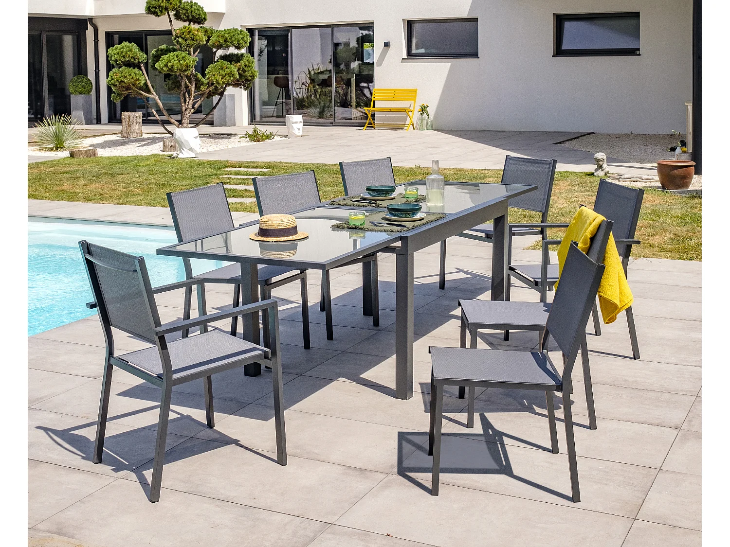 Set da pranzo da giardino 8 posti alluminio e piano vetro