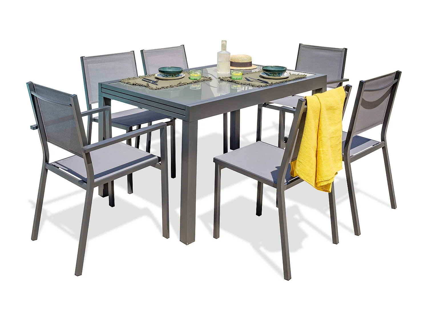 6-Sitzer-Essgruppe ausfarbenem Aluminium und Glasplatte