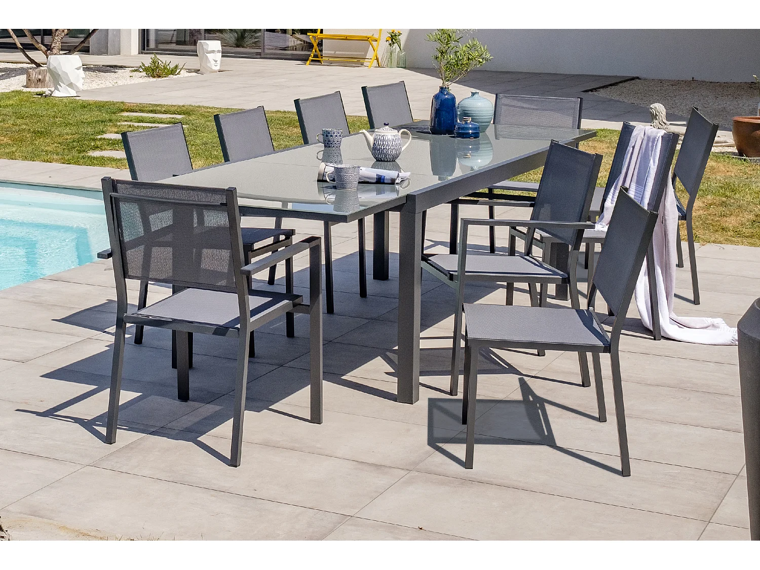 Set da pranzo da giardino 10 posti alluminio e piano vetro