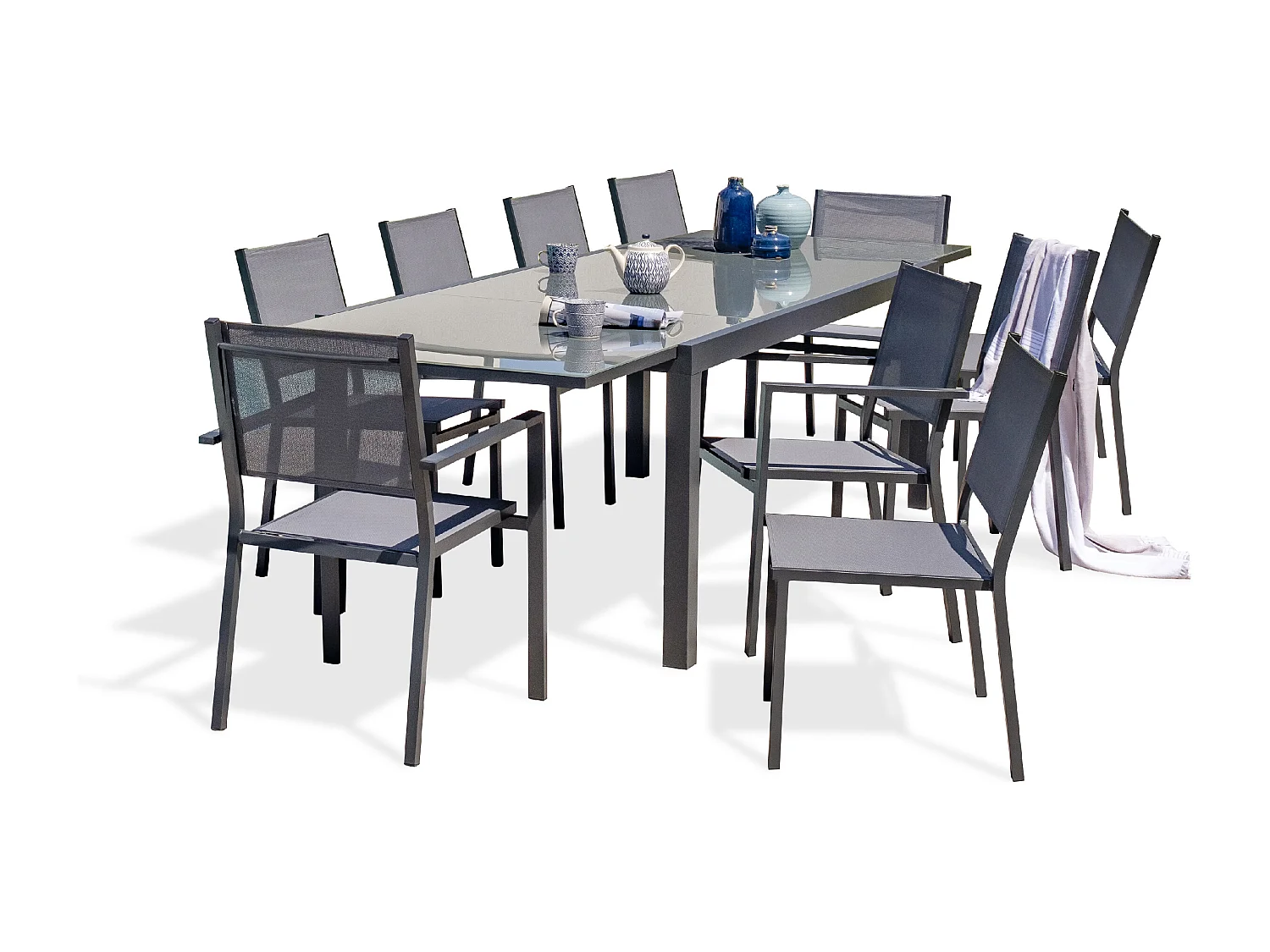 Set da pranzo da giardino 10 posti alluminio e piano vetro