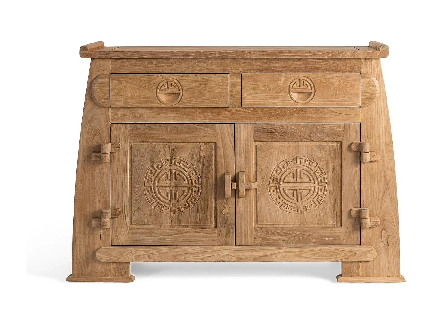 Credenza in teak massello con cassetti e ante intagliate in stile orientale.